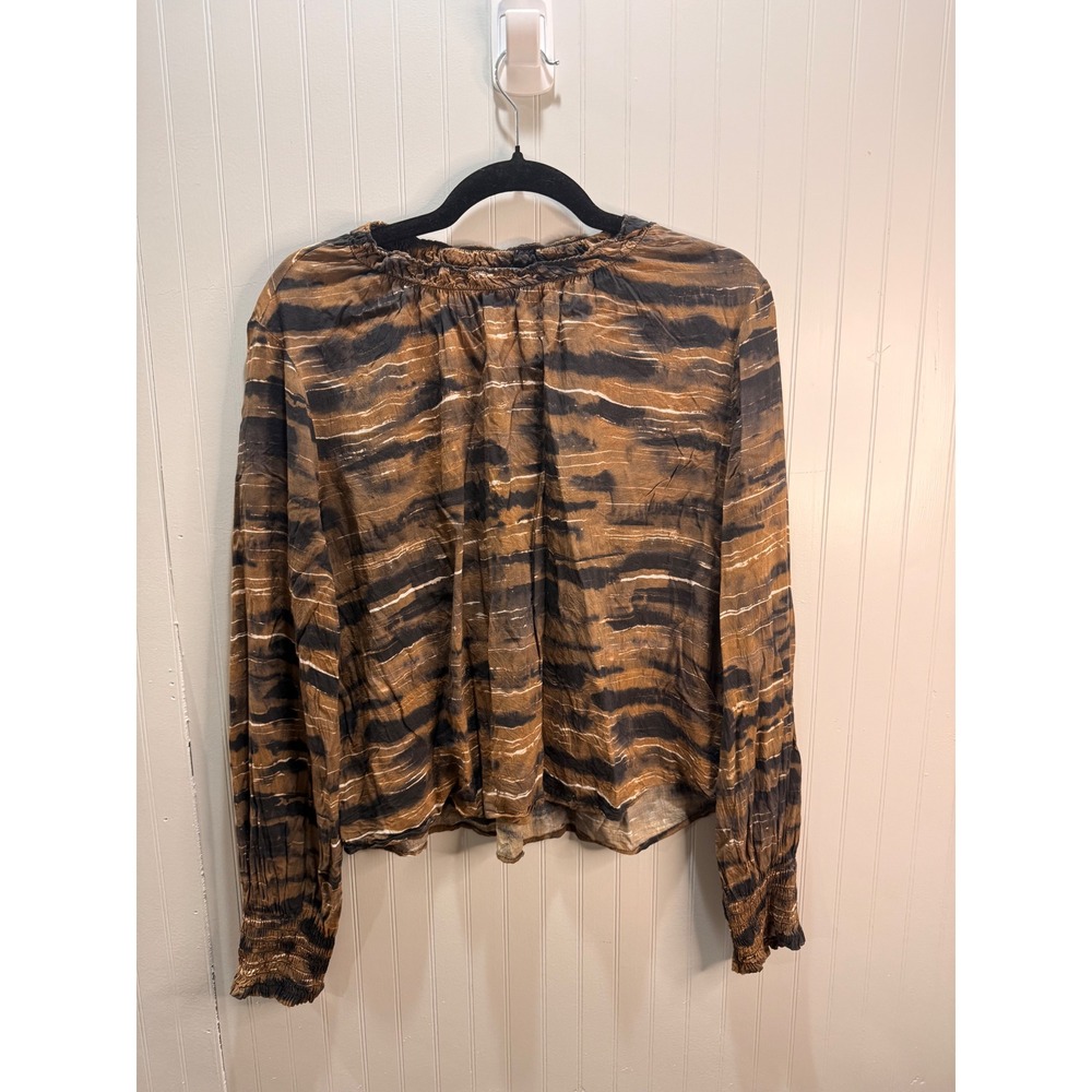 Cloth & Stone Brown Abstract Tiger‎ Stripe Smocked Cuff Blouse XL